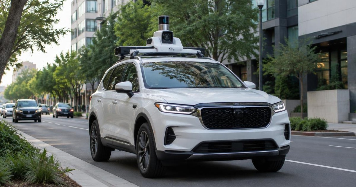 Mapping vehicle with roof-mounted sensors on a city street